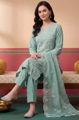 Sea green embroidered silk blend kurta trouser dupatta set