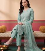 Sea green embroidered silk blend kurta trouser dupatta set
