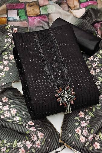 Floral Embroidered Sequinned Semi-Stitched Dress Material
