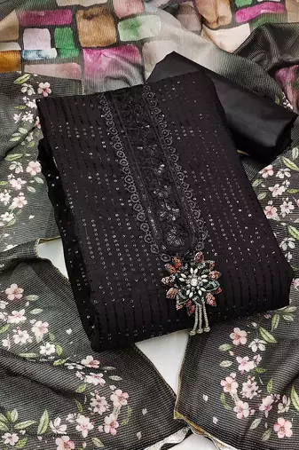 floral embroidered sequinned semi-stitched dress material