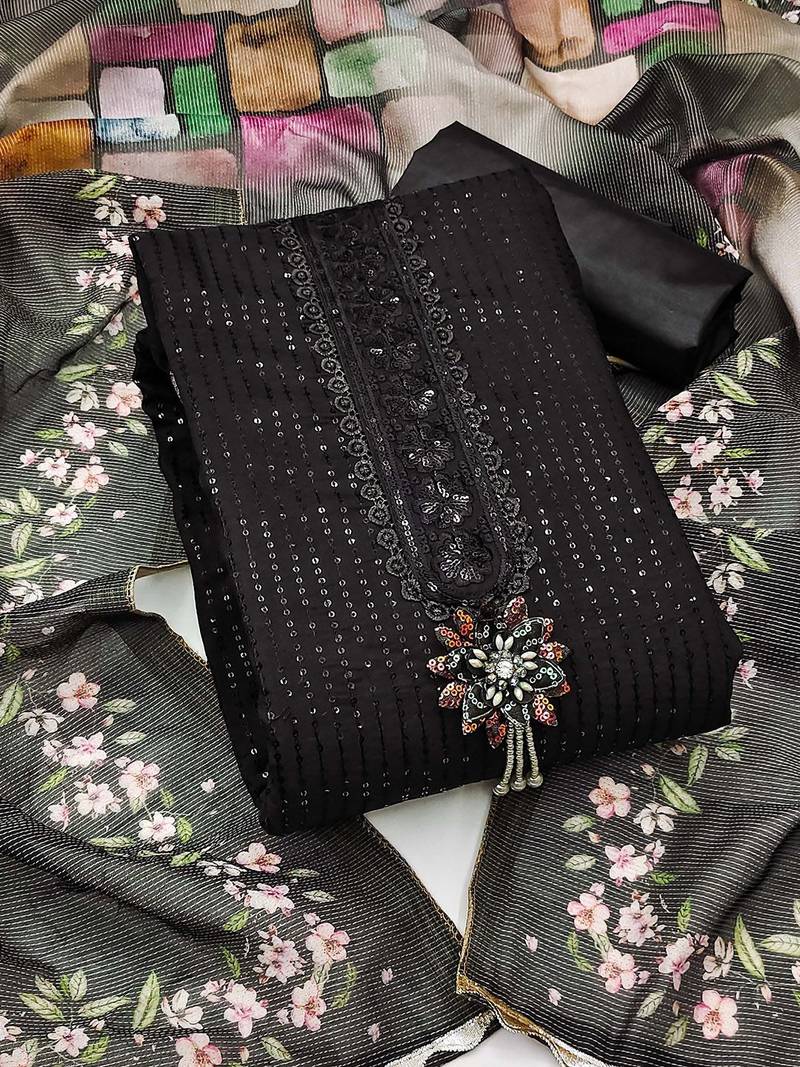 Floral Embroidered Sequinned Semi-Stitched Dress Material