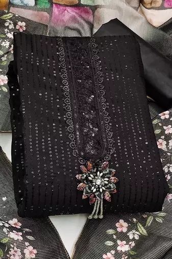 floral embroidered sequinned semi-stitched dress material