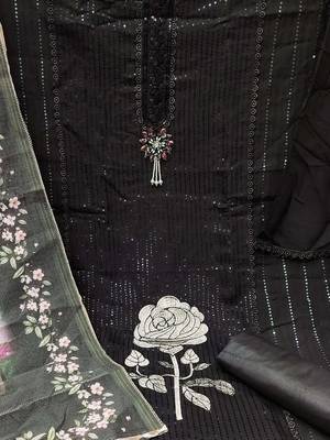 floral embroidered sequinned semi-stitched dress material 3