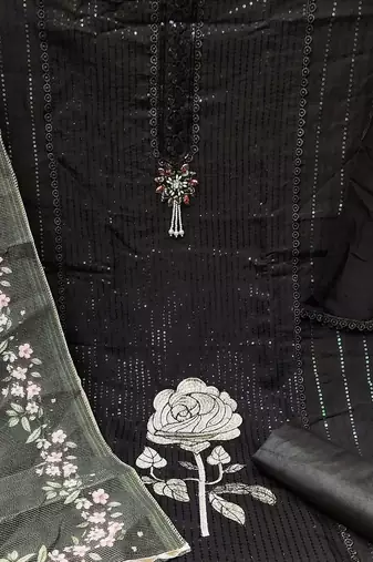 floral embroidered sequinned semi-stitched dress material