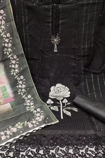 floral embroidered sequinned semi-stitched dress material