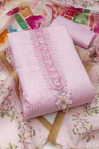 Floral Embroidered Sequinned Roman Silk Semi-Stitched Dress Material