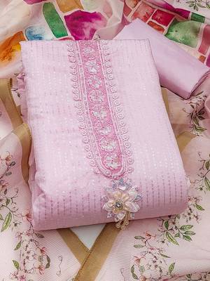floral embroidered sequinned roman silk semi-stitched dress material 2