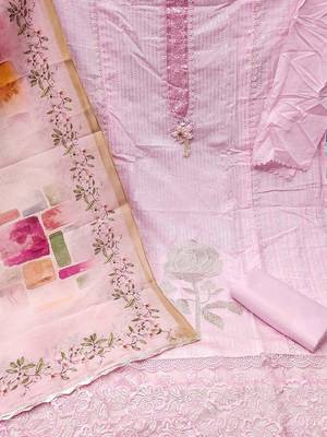 floral embroidered sequinned roman silk semi-stitched dress material 3