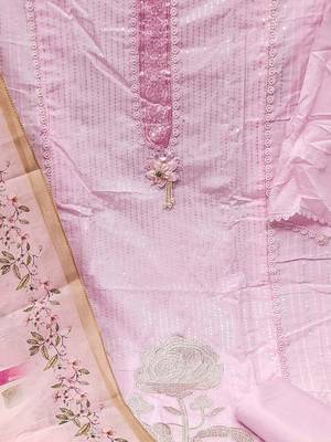 floral embroidered sequinned roman silk semi-stitched dress material 4