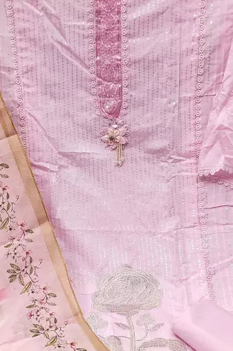 floral embroidered sequinned roman silk semi-stitched dress material
