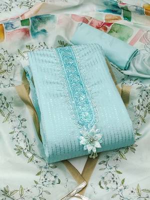 floral embroidered sequinned roman silk semi-stitched dress material 1