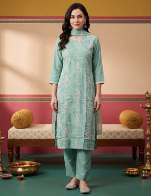 Sea green embroidered silk blend kurta trouser dupatta set 2