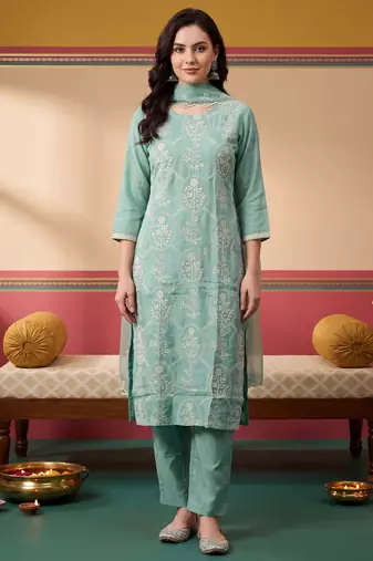 Sea green embroidered silk blend kurta trouser dupatta set
