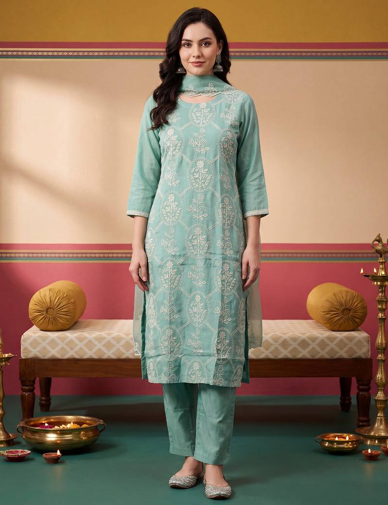 Sea green embroidered silk blend kurta trouser dupatta set