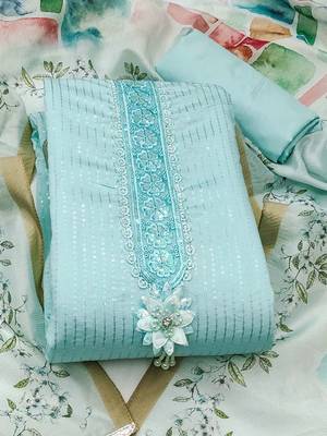 floral embroidered sequinned roman silk semi-stitched dress material 2
