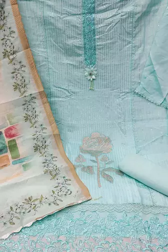 floral embroidered sequinned roman silk semi-stitched dress material