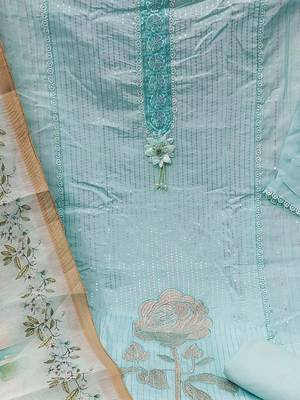 floral embroidered sequinned roman silk semi-stitched dress material 4