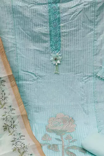 floral embroidered sequinned roman silk semi-stitched dress material