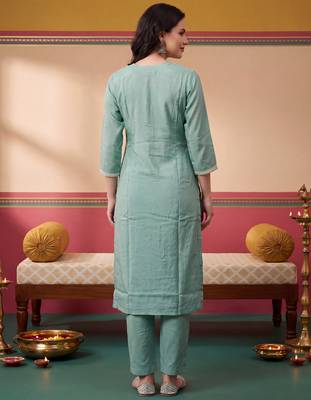 Sea green embroidered silk blend kurta trouser dupatta set 3