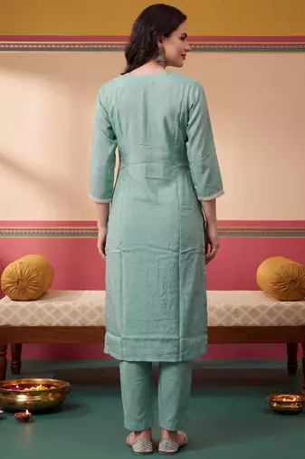 Sea green embroidered silk blend kurta trouser dupatta set