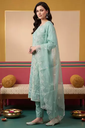 Sea green embroidered silk blend kurta trouser dupatta set