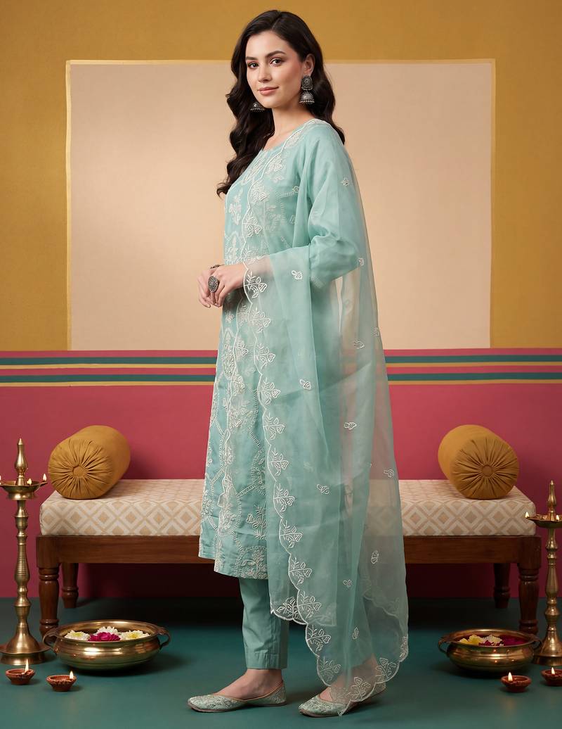 Sea green embroidered silk blend kurta trouser dupatta set
