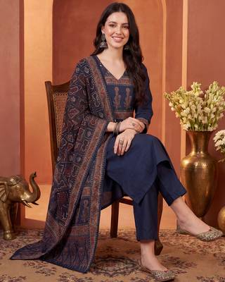 Navy blue printed pure cotton kurta trouser dupatta set 2