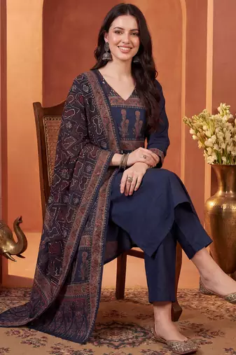 Navy blue printed pure cotton kurta trouser dupatta set