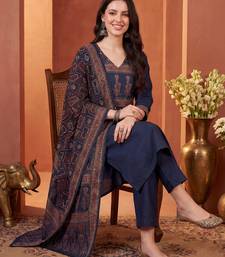 Navy blue printed pure cotton kurta trouser dupatta set