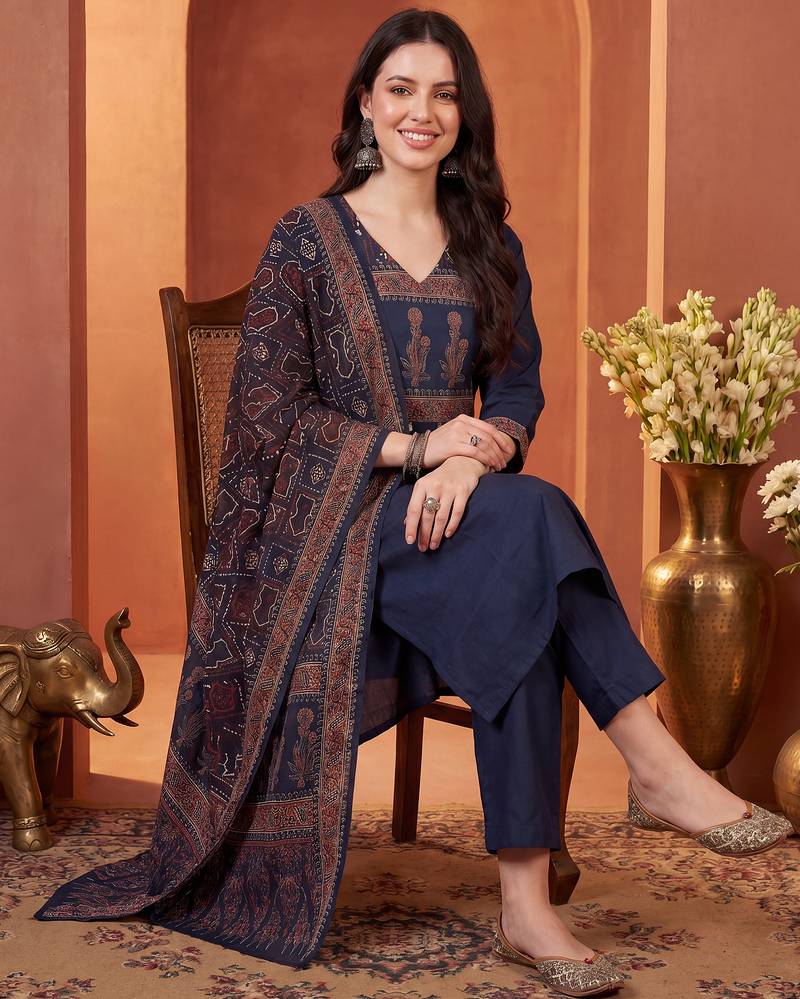 Navy blue printed pure cotton kurta trouser dupatta set