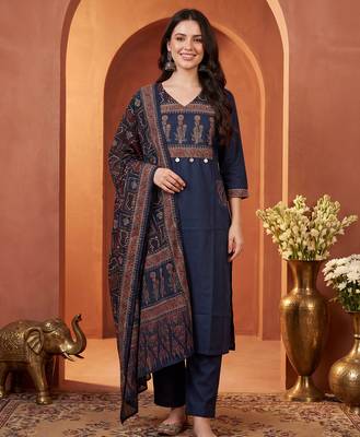 Navy blue printed pure cotton kurta trouser dupatta set 1