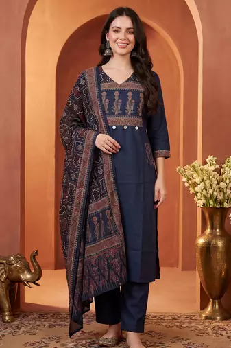 Navy blue printed pure cotton kurta trouser dupatta set