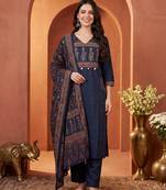 Navy blue printed pure cotton kurta trouser dupatta set