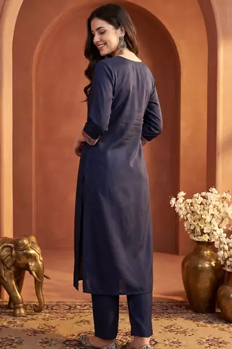 Navy blue printed pure cotton kurta trouser dupatta set