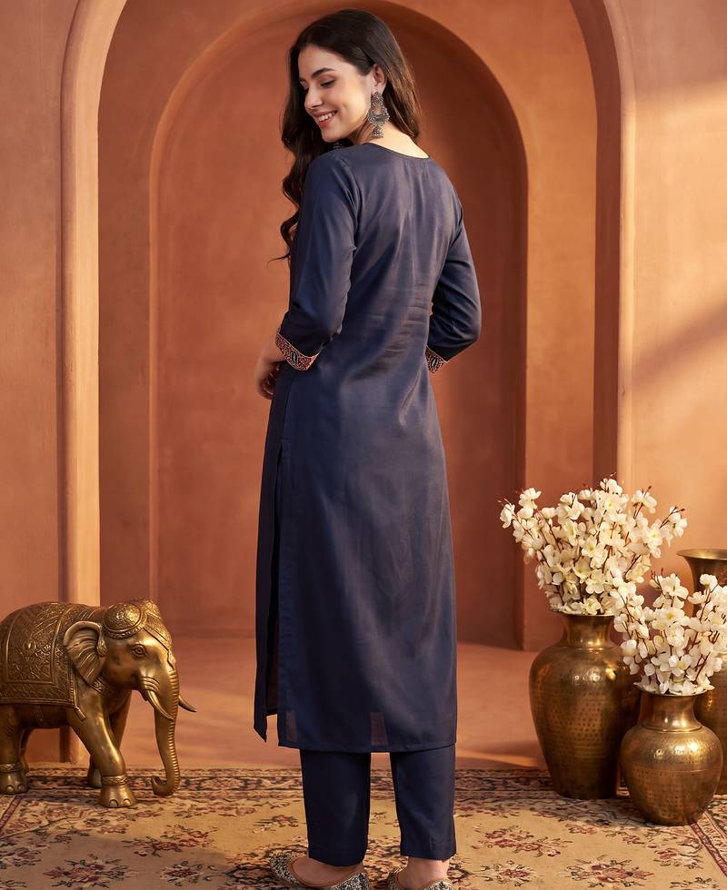 Navy blue printed pure cotton kurta trouser dupatta set