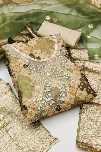 ethnic motif printed beads and stones unstitched dress material