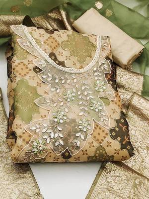 ethnic motif printed beads and stones unstitched dress material 2