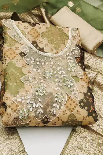 ethnic motif printed beads and stones unstitched dress material