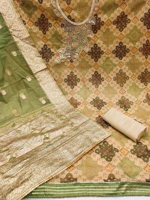 ethnic motif printed beads and stones unstitched dress material 3