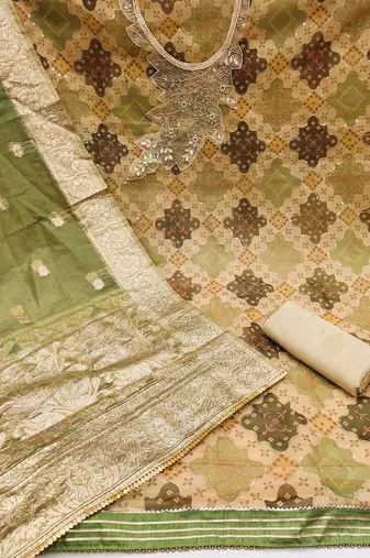 ethnic motif printed beads and stones unstitched dress material