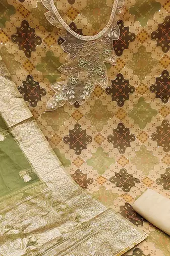 ethnic motif printed beads and stones unstitched dress material