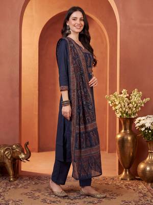 Navy blue printed pure cotton kurta trouser dupatta set 4