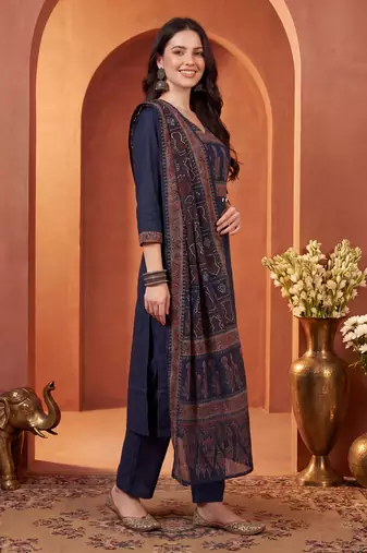 Navy blue printed pure cotton kurta trouser dupatta set