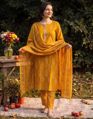 Mustard printed linen kurta trouser dupatta set 1