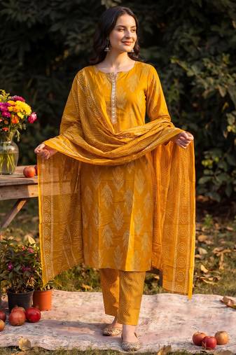 Mustard printed linen kurta trouser dupatta set