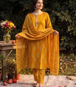 Mustard printed linen kurta trouser dupatta set