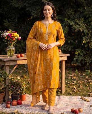 Mustard printed linen kurta trouser dupatta set 2