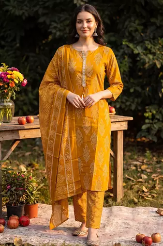 Mustard printed linen kurta trouser dupatta set