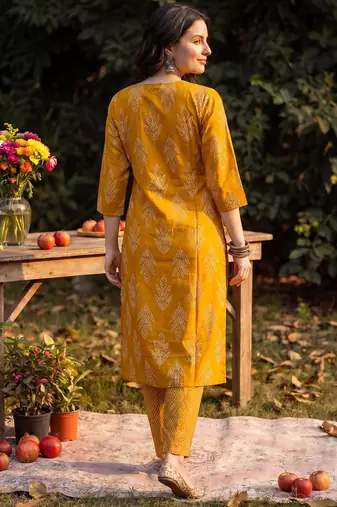 Mustard printed linen kurta trouser dupatta set