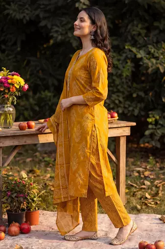 Mustard printed linen kurta trouser dupatta set
